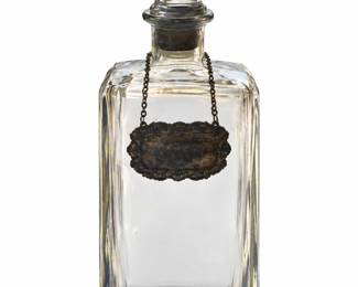 Rectangular glass decanter w/ a glass stopper.