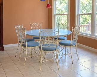 Dining Table with Blue Top and Cream Metal Scrollwork Base