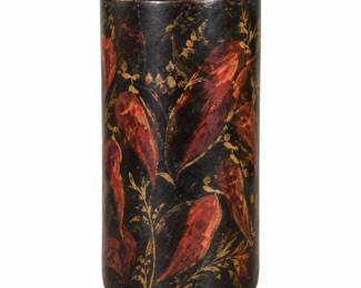 Tall black cylindrical vase with red leaves, gold botanical accents, and a distressed finish.