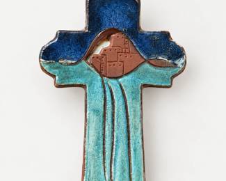 Blue and Turquoise Ceramic Cross with Pueblo Design