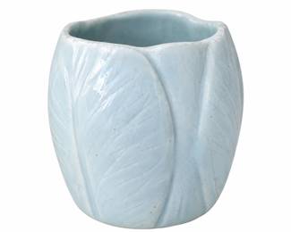 Pale Blue Leaf Planter — Rounded ceramic planter with overlapping leaf details and a softly scalloped rim.