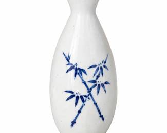 White sake bottle with blue bamboo decoration