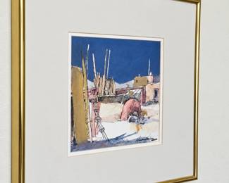 Horse & Rider Artwork: Expressive Western scene featuring a rider in a feathered headdress, with a blue mat and rustic brown-and-black frame.