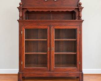 Wood Hutch with Glass Doors, Display Shelves and Decorative Crest