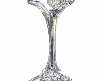 Three-arm clear glass candelabrum with ribbed candle cups and a square base.