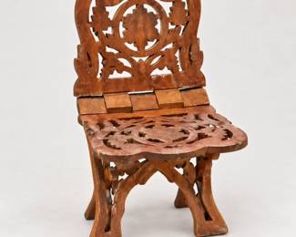 Miniature Wooden Folding Chair with Decorative Fretwork