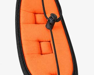 Orange padded camera strap with black trim and adjustable cord.