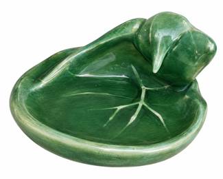 Glossy green sculptural leaf dish with bird