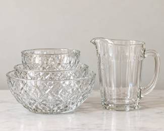 Nested Glass Bowls and Clear Glass Pitcher