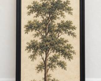 Framed Tree Artwork Detailed tree illustration in muted tones with a black frame.