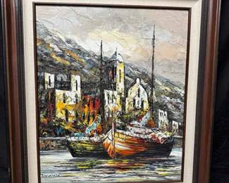 18WH131VVintage J. Casamada Signed Oil Painting Mediterranean Boat Harbor Scene