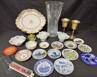 18WH141Vintage Souvenir Plates, Crystal Vase, Fine Porcelain  Brass Goblets 