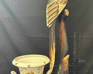 WH105Wood Carved Cockatoo  Decorative Vase