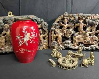 18WH114Asian Wood Relief Panels, Vase, And Drum Circle Musicians