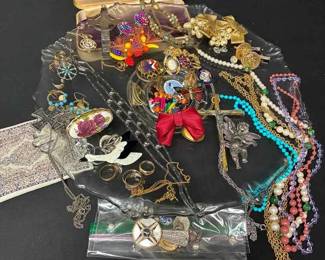18WH147Mystery Lot Of Costume, Jewelry With Glass Footed Dish