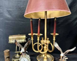 18WH148Vintage Brass French Horn Bouillotte Lamp, Banker Lamp, Eagle Sculpture  Clock