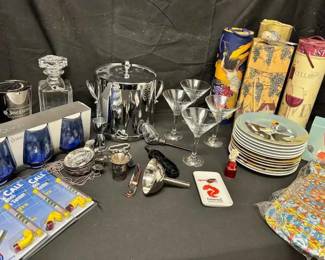 18WH129Vintage Barware Shaker, Ice bucket, Glassware, Wine Games  Williams Sonoma And Guy Buffet Plates