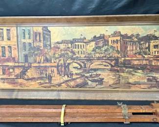 18WH152Vintage Mid Century Panoramic Paris Seine Painting Print  Antique Wooden Tripod