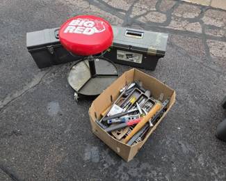 Large Garage Tool Lot with Torin Big Red Rolling Stool  Toolboxes