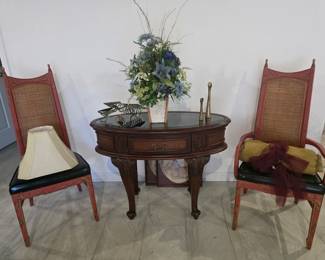 2 painted chairs and accent display table