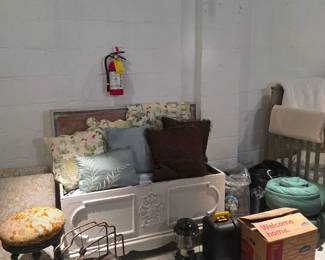 Antique stool and music stand, camping lanterns