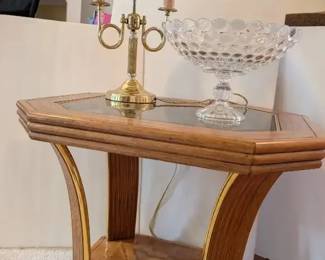 Sofa Table, Brass Lamp, Large Bowl