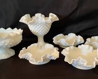 Two Fenton Milk Glass Trinket Dishes, Milk Glass Pedestal Dish, Candle Holder, Trinket Dishes