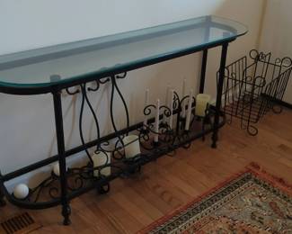 Black Metal and Glass Entry Way Table, Metal Candle Holders and Magazine Holder