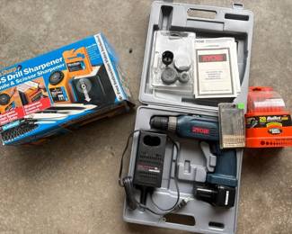 Ryobi Cordless Drill, Bits, Sharpener