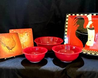 Red Pyrex Mixing Bowls Rooster Decor