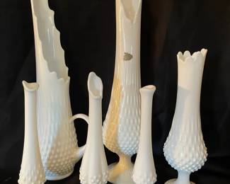 Fenton Hobnail Milk Glass Swung Vase, Swung Pitcher, Other Small Swung Vases
