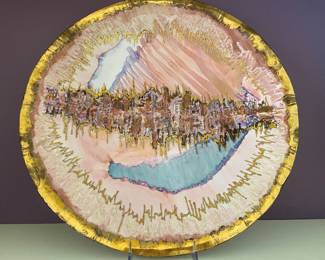 Porcelain signed art, City Skyline with waterline reflection, 19”