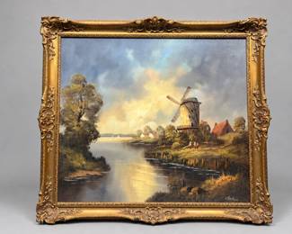 Signed Anders Dutch Windmill Landscape Oil Pianting