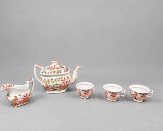 Antique English Chinoiserie Tea Set Including Teapot, Creamer Cups, Attributed to Hilditch Sons
