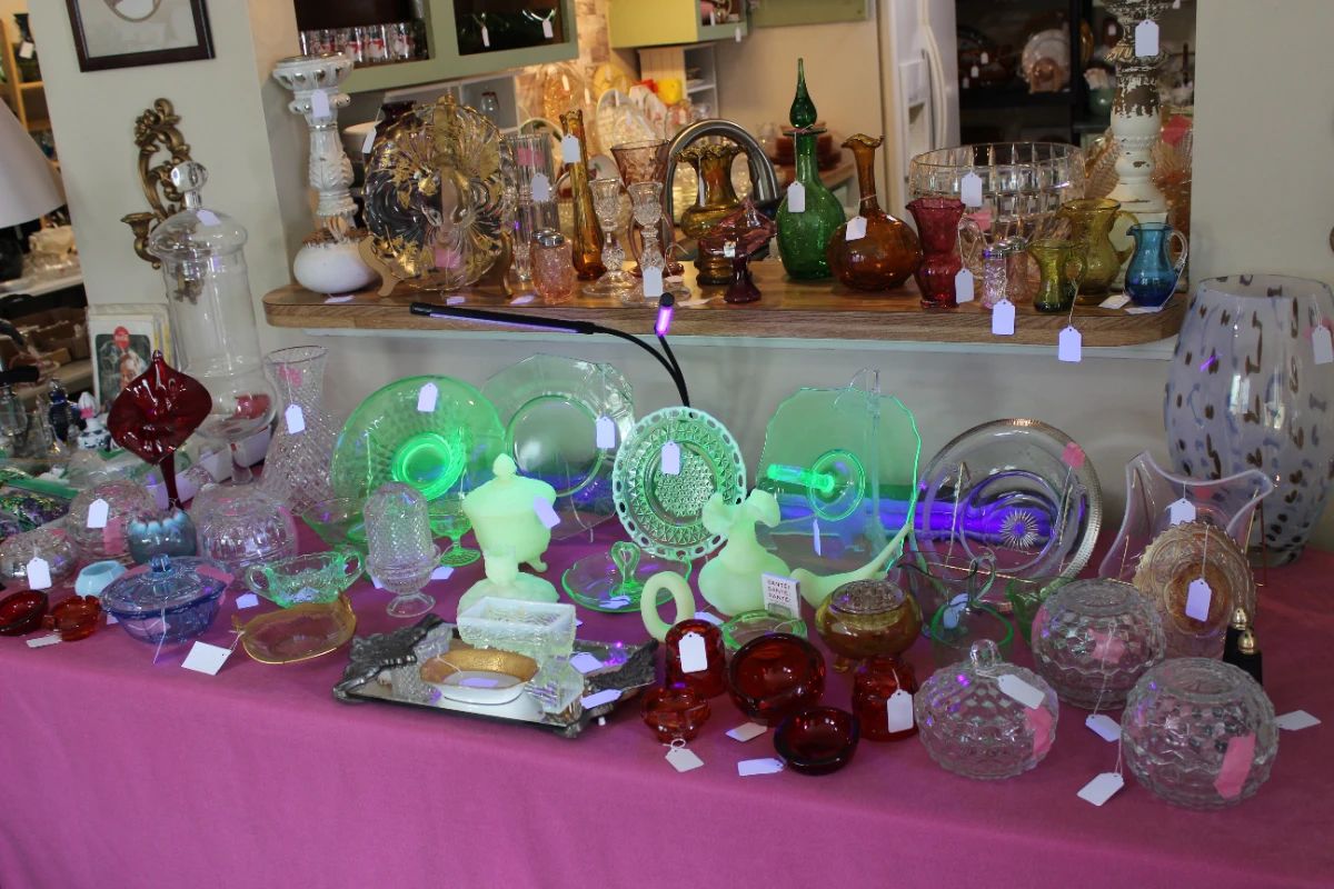 Uranium, Fairy Lamp, Hen on Nest, Fenton, Viking, Waterford, Ashtrays, Crackle Glass, Italian Apothecary Jar, & Crystal Vases