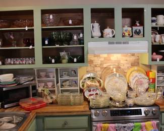 Included Brands - Jeannette, Mikasa, Viking, Libbey, Imperial, Coca-Cola, Anchor Hocking, & Luminarc - Some Pieces Include - Pink Depression Glass, Duratuff Goblets, Georgian Glasses, Snowman Mugs, Chip & Dip Sets, Tea Cups & Saucers, Snack Plates, Canisters, Tea Pots, Platters, & Divided Dishes