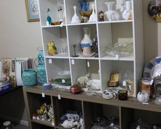 Candlewick glass pieces, Fenton Silvercrest, candy jars, yarn dispensing owl, ashtrays, vintage chicken figurines