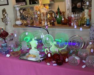 Uranium, Fairy Lamp, Hen on Nest, Fenton, Viking, Waterford, Ashtrays, Crackle Glass, Italian Apothecary Jar, & Crystal Vases