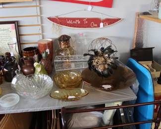 Vintage glassware, Bean pot, crocks, jugs, feather duster, quilt stand, View-Masters