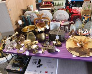 Some Brass Pieces Include - Bowls, Doorknocker, Frame, Pitcher, Candleholder, Hooks, Cricket Boxes, & Wall Sconces