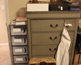 Dresser, baskets, globe, wooden wall shelf, horse statues