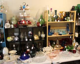 Included Brands - Lenox, Fenton, L.E. Smith, Anchor Hocking, Imperial, Wheaton, Terra Studios, Blenko, Heisey, Hazel Atlas, U.S. Glass, Dansk, Federal, & Mikasa - Some Pieces Include - Brass Bunny, Flower Frogs, Glass Shoes, Animals, Candy Dishes, Vases, Decanters, & Pink Depression Glass
