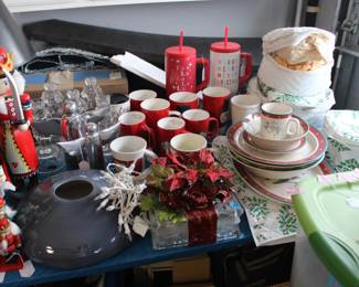 Crystal Nutcracker candleholders, Starbucks mugs, Snowman dinner set