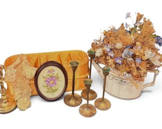 Dried Bouquet, Brass Candlesticks, Embroidered Art, Doily, Jewelry Storage