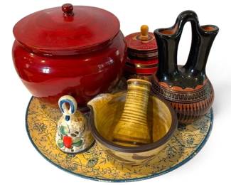 Navajo Dine Pottery, Wood Bowls W Lids, Ornate Plate More