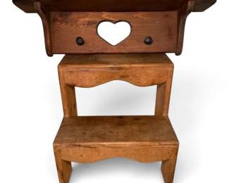 Carved Heart Wood Shelf And Step Stool