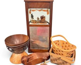 Hanging Wood Art Mirror, Baskets, Bowls, Wooden Duck Box And More