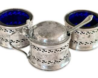 Sterling Silver Sugar Salt Cellars w Cobalt Glass Inserts 34.2g