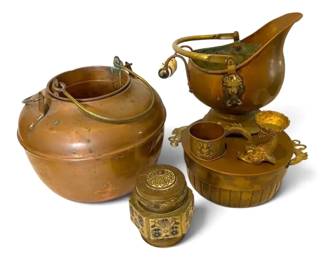 Assorted Brass Copperware Napkin Ring, Fish Bowl, Pots, Tea Caddy,