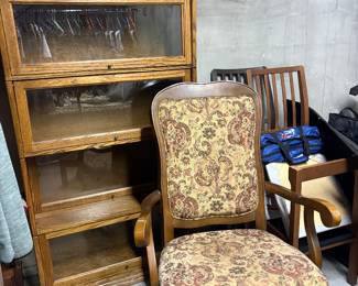 Glass door book case, rocking chair